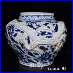 10.2 Old fashioned yuan dynasty Porcelain Blue white Dragon flowers plants pot