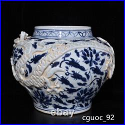 10.2 Old fashioned yuan dynasty Porcelain Blue white Dragon flowers plants pot