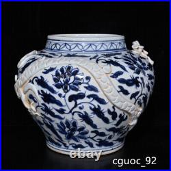 10.2 Old fashioned yuan dynasty Porcelain Blue white Dragon flowers plants pot