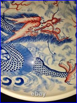 10.6Old China qing dynasty kangxi mark blue white Porcelain pair Dragon plate