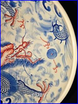 10.6Old China qing dynasty kangxi mark blue white Porcelain pair Dragon plate