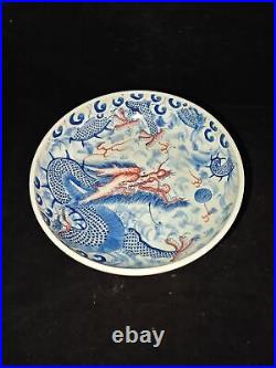 10.6Old China qing dynasty kangxi mark blue white Porcelain pair Dragon plate