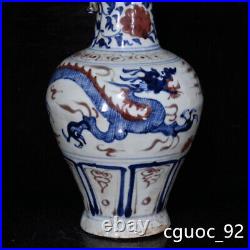 10Old fashioned yuan dynasty Porcelain Blue white red cloud Dragon pattern vase