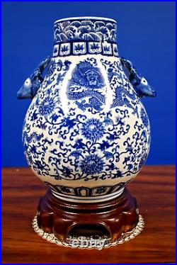 12 BLUE/WHITE DRAGON DEER HANDLE CHINESE JINGDEZHEN PORCELAIN URN VASE WithSTAND