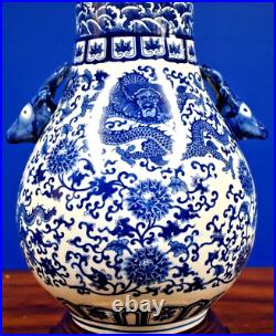 12 BLUE/WHITE DRAGON DEER HANDLE CHINESE JINGDEZHEN PORCELAIN URN VASE WithSTAND