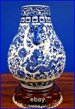 12 BLUE/WHITE DRAGON DEER HANDLE CHINESE JINGDEZHEN PORCELAIN URN VASE WithSTAND