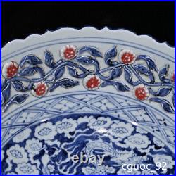 14.9 Archaic yuan dynasty Porcelain Blue white cloud Dragon flowers plants bowl