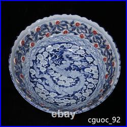 14.9 Archaic yuan dynasty Porcelain Blue white cloud Dragon flowers plants bowl