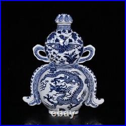 14 China old dynasty Porcelain Blue white Dragon Phoenix gourd double ear vase