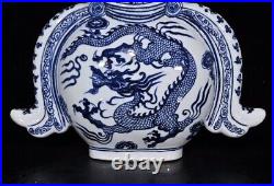 14 China old dynasty Porcelain Blue white Dragon Phoenix gourd double ear vase