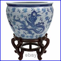 14 Dragon Blue & White Porcelain Fishbowl