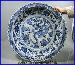 18 Old China Yuan Blue White Porcelain Dynasty Palace Dragon Flower Plate Tray