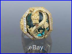 18K Solid Gold London Blue Topaz, Ruby & White Topaz Dragon Men's Ring Size 9.25