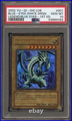 2002 Yu-gi-oh Psa 10 Gem Mint Wavy Blue-eyes White Dragon Lob-001 1st Edition