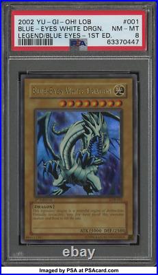 2002 Yugioh Blue-Eyes White Dragon LOB-001 1st Edition PSA 8 NM-MT