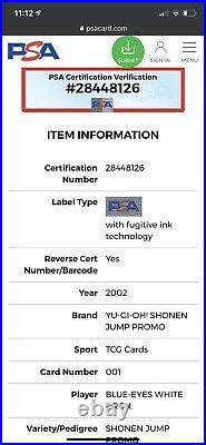 2002 Yugioh Blue Eyes White Dragon Shonen Jump Promo JMP-001 GEM MINT PSA ERROR