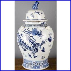 24 Chinese oriental porcelain ginger jar blue & white lion finial dragon