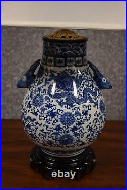 30 Chinese Porcelain Vase Lamp Blue/white Dragon Dbl Deer Head Ears Jingdezhen