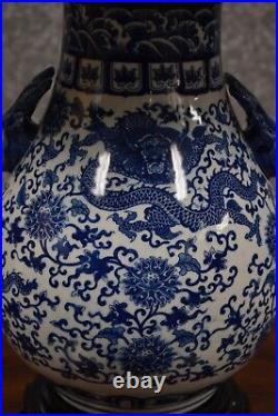 30 Chinese Porcelain Vase Lamp Blue/white Dragon Dbl Deer Head Ears Jingdezhen