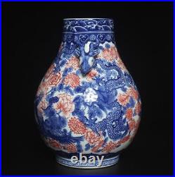 33CM Qianlong Singed Chinese Blue & White Porcelain Vase Zun with dragon