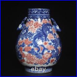 33CM Qianlong Singed Chinese Blue & White Porcelain Vase Zun with dragon