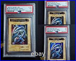 (3x) Blue-Eyes White Dragon Slabs PSA 3 VG, 5 EX, 5 EX JP Bandai'98 &'99