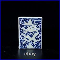 5.3 old ming dynasty xuande mark porcelain blue white dragon square brush pot