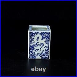 5.3 old ming dynasty xuande mark porcelain blue white dragon square brush pot