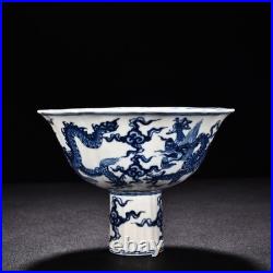 6.5 China Vintage Ming Xuande Mark Porcelain Blue White Dragon High Foot Bowl 6.5 China Vintage Ming Xuande Mark Porcelain Blue White Dragon High Foot Bowl