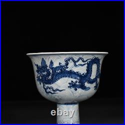 6.8 China ancient Ming Dynasty Xuande Blue white Dragon pattern High foot bowl