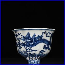 6.8 China ancient Ming Dynasty Xuande Blue white Dragon pattern High foot bowl