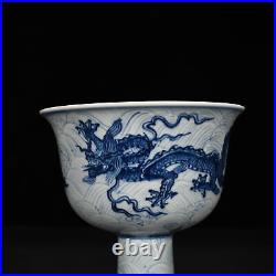 6.8 China ancient Ming Dynasty Xuande Blue white Dragon pattern High foot bowl