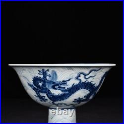 6.8 Old China Ming Dynasty Xuande Blue white Dragon pattern High foot bowl