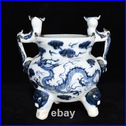 8 Yuan dynasty Porcelain Blue white dragon phoenix double ear Incense Burner