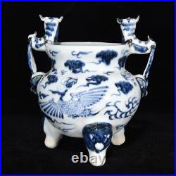 8 Yuan dynasty Porcelain Blue white dragon phoenix double ear Incense Burner