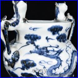 8 Yuan dynasty Porcelain Blue white dragon phoenix double ear Incense Burner