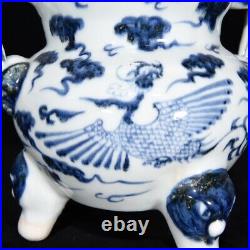 8 Yuan dynasty Porcelain Blue white dragon phoenix double ear Incense Burner