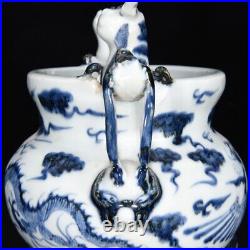 8 Yuan dynasty Porcelain Blue white dragon phoenix double ear Incense Burner