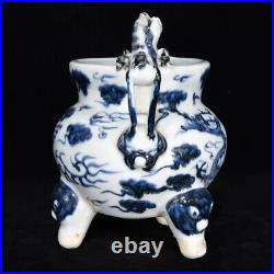 8 Yuan dynasty Porcelain Blue white dragon phoenix double ear Incense Burner