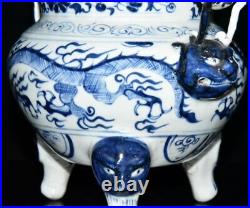 8 china antique porcelain yuan dynasty blue white dragon pattern Incense burner