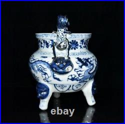 8 china antique porcelain yuan dynasty blue white dragon pattern Incense burner