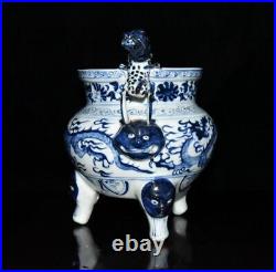 8 china antique porcelain yuan dynasty blue white dragon pattern Incense burner