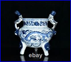 8 china antique porcelain yuan dynasty blue white dragon pattern Incense burner