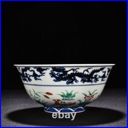 8 old dynasty Porcelain xuande mark Blue white Dragon lotus Mandarin Duck bowl