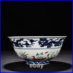 8 old dynasty Porcelain xuande mark Blue white Dragon lotus Mandarin Duck bowl