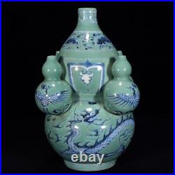 9.1 China Porcelain yuan dynasty green Blue white dragon phoenix Five tube Vase