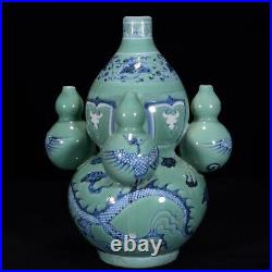 9.1 China Porcelain yuan dynasty green Blue white dragon phoenix Five tube Vase