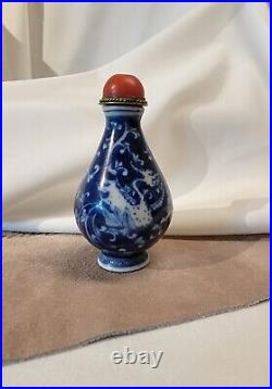 Antique Chinese Blue White Dragon Porcelain Snuff Bottle Coral Bead Signed