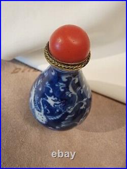 Antique Chinese Blue White Dragon Porcelain Snuff Bottle Coral Bead Signed