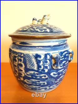 Antique Chinese Blue and white Dragon Lidded Jar 19th Century